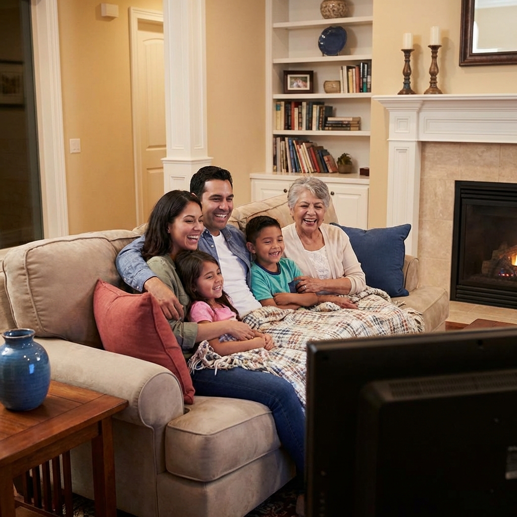 Family relaxing at home in a rental living room