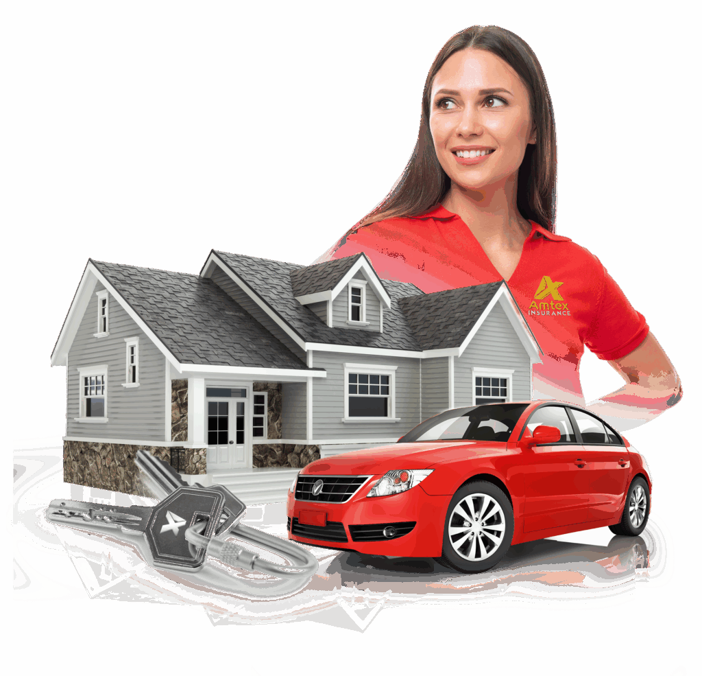 Amtex Insurance agent with a home, car, and keys, representing auto and home insurance coverage.